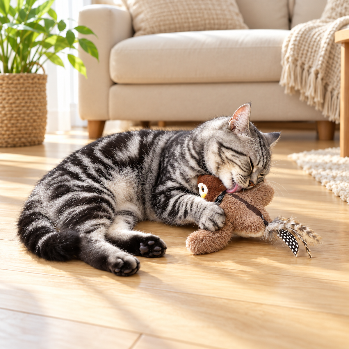 Gato jugando y pateando el pájaro interactivo