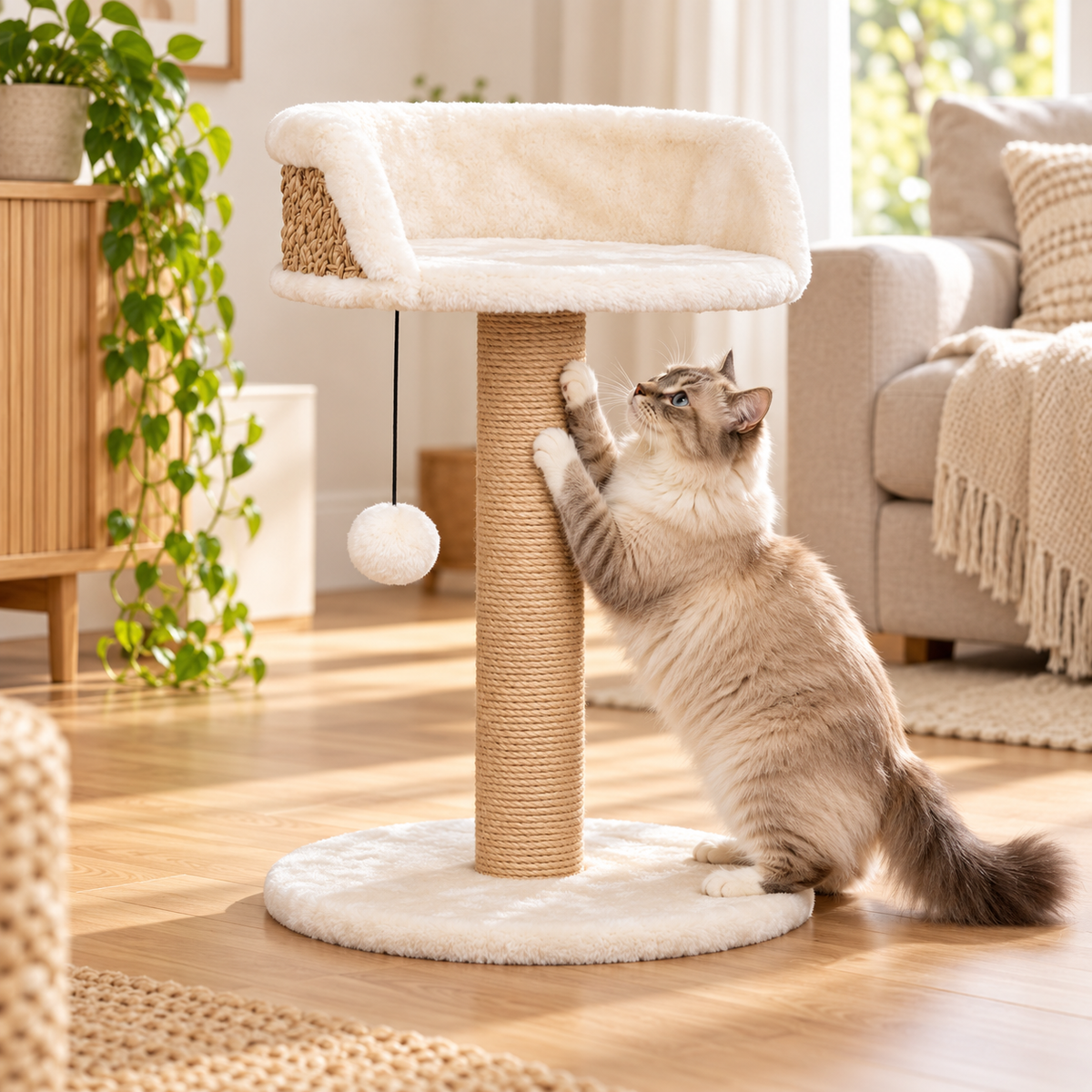 Gato rascando el poste de seagrass