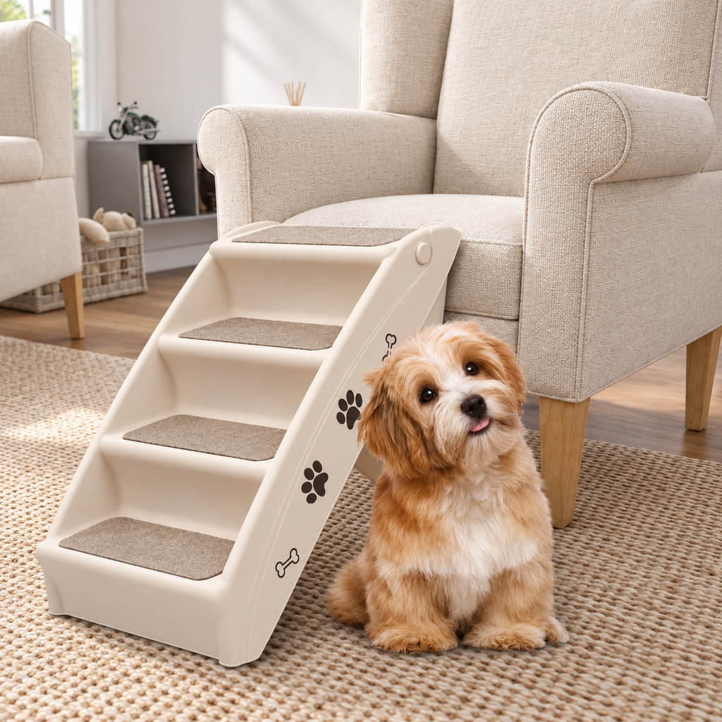 Escaleras plegables para perro junto a un sofá con un perro pequeño