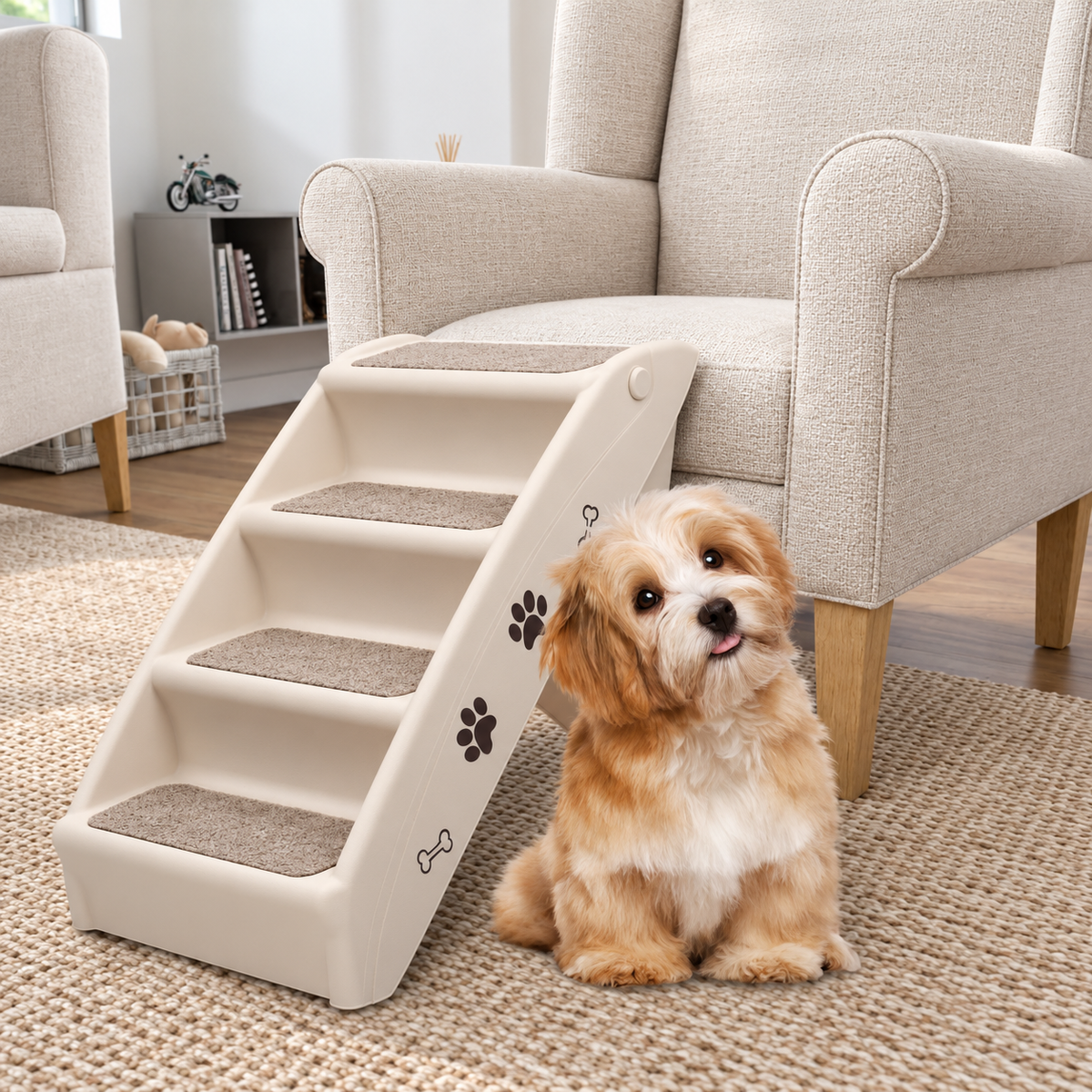 Escaleras para mascotas de 4 peldaños en color crema