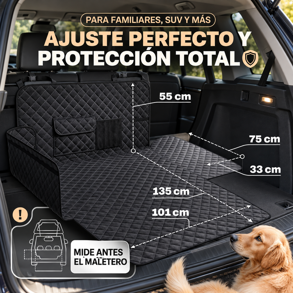 Perro tumbado sobre el protector de maletero