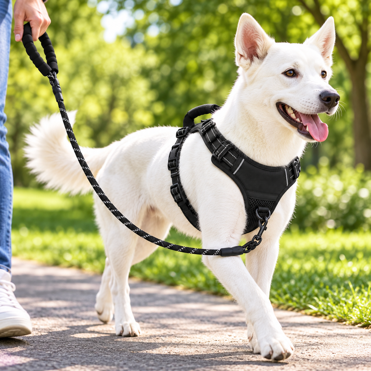 Perro paseando con el arnés reflectante
