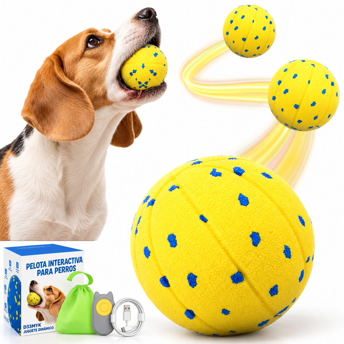 Pelota interactiva autorrodante amarilla para perros con mando y cable de carga