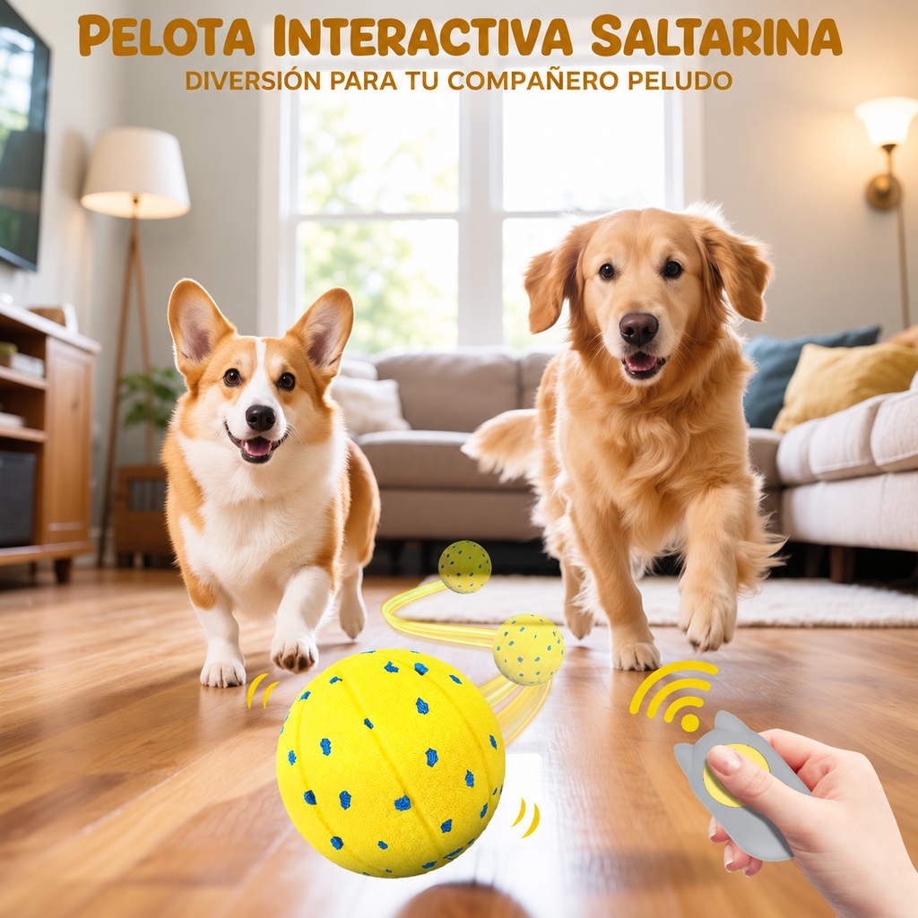 Dos perros persiguiendo la pelota saltarina controlada con mando en el salón