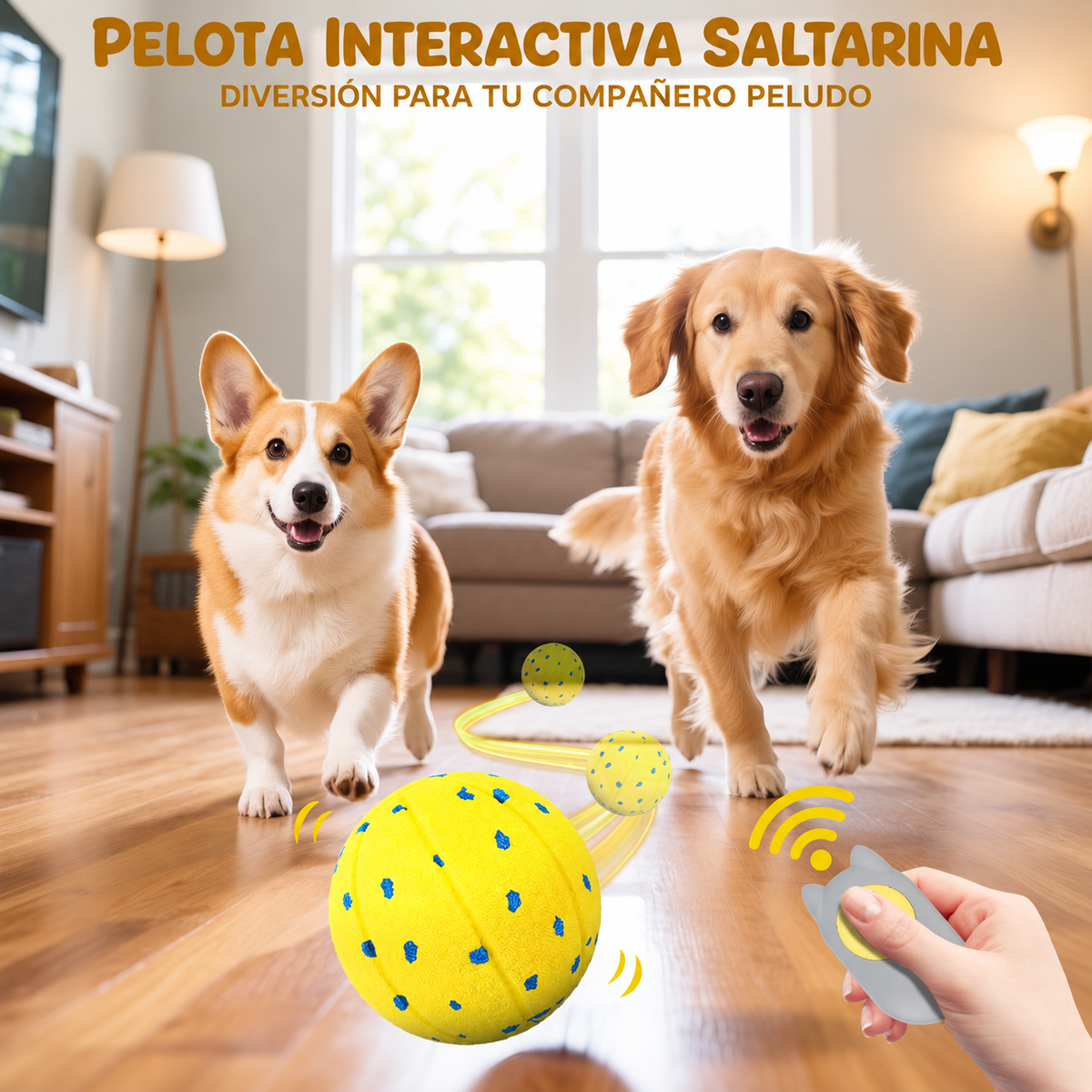 Dos perros persiguiendo la pelota saltarina controlada con mando en el salón