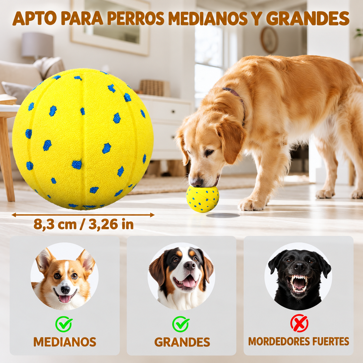Pelota de 8,3 cm apta para perros medianos y grandes, no para mordedores fuertes