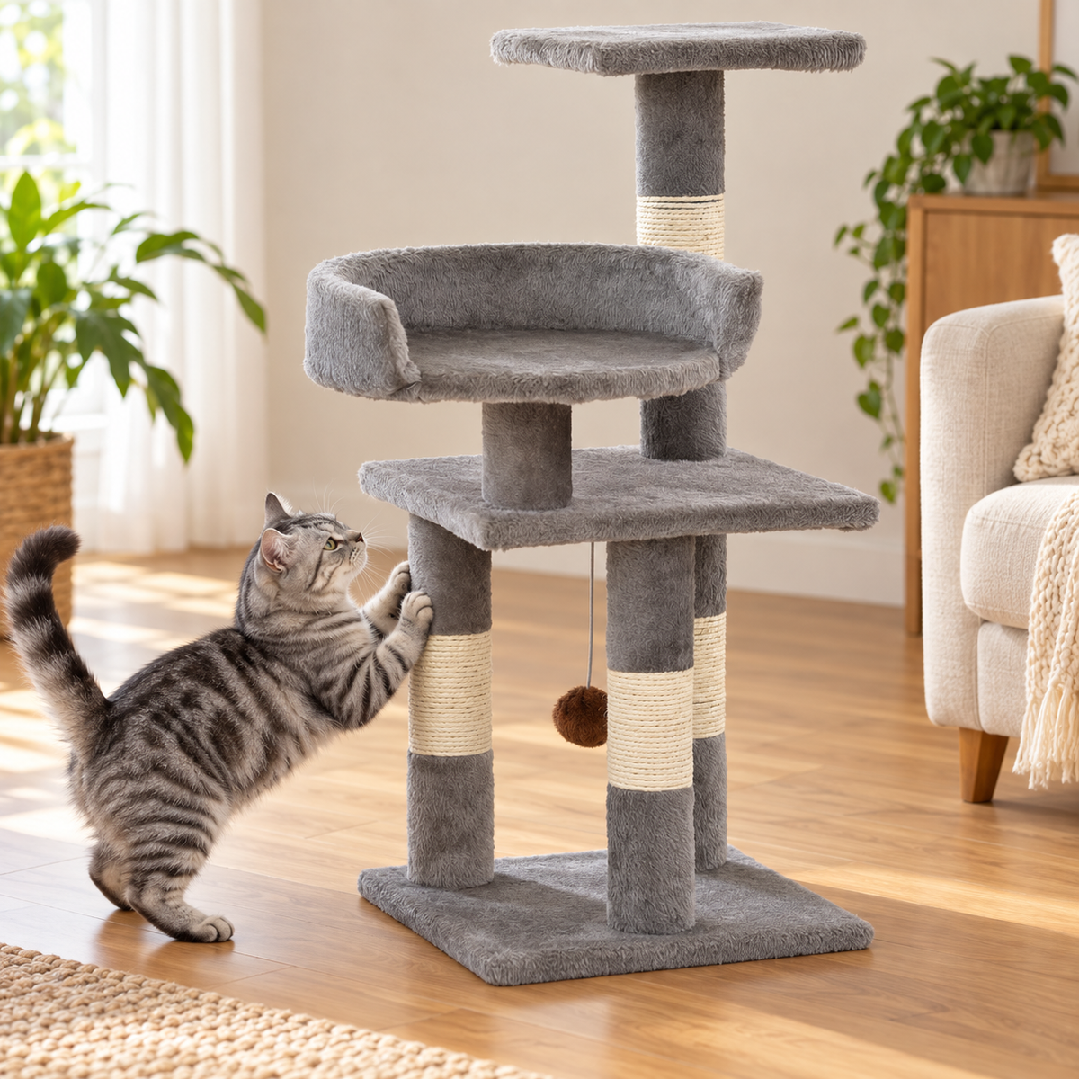 Gato rascando los postes de sisal